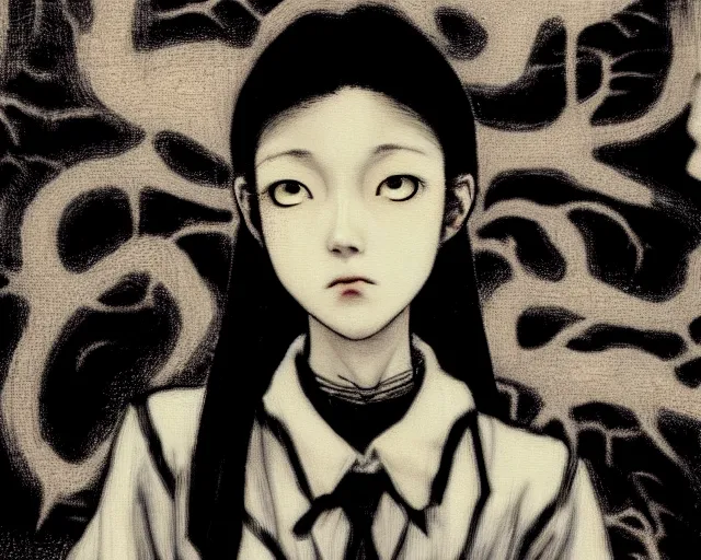 Prompt: yoshitaka amano blurred and dreamy realistic three quarter angle horror portrait of a sinister young woman with short hair, big earrings and white eyes wearing office suit with tie, black and white junji ito abstract patterns in the background, satoshi kon anime, noisy film grain effect, highly detailed, renaissance oil painting, weird portrait angle, blurred lost edges