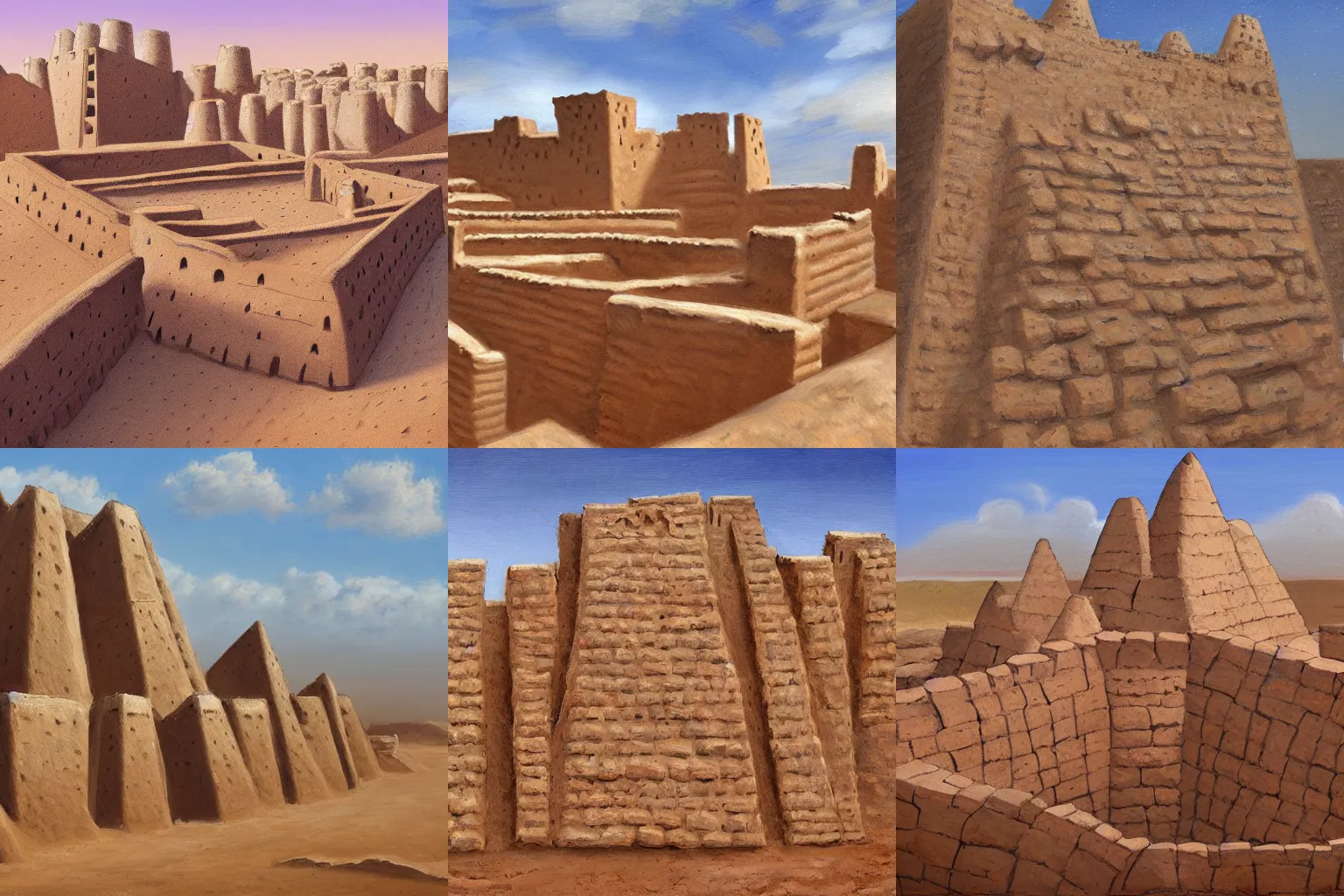 Prompt: high quality realist painting of a west african fortress made of mud bricks on top of a mountain, timbuktu, very detailed, digital art.