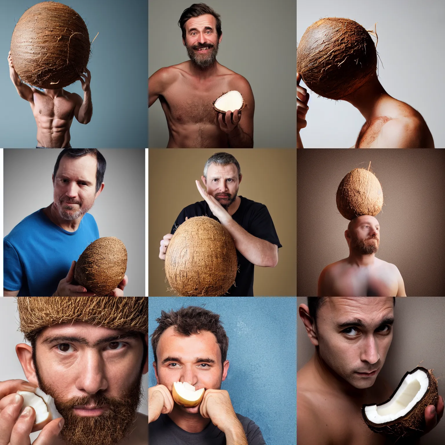 Prompt: man with split coconut as head, in the coconut are electronic parts, portrait, studio lightning, 8k