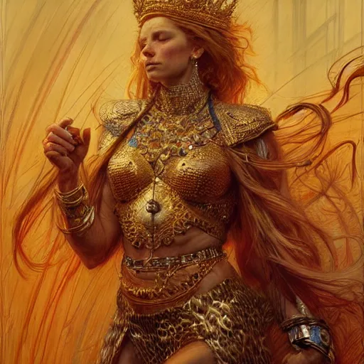 Image similar to highly detailed portrait of a majestic lioness queen in the form of a beautiful woman. d & d, art by donato giancola and ruan jia and carl larsson. trending on artstation, intricate details, energetic composition, golden ratio, concept art, illustration, elegant art