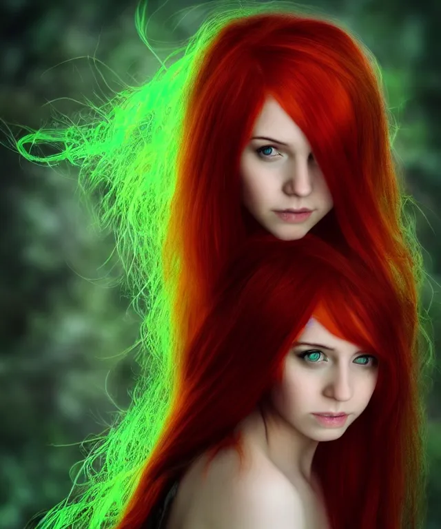 Image similar to Fae teenage girl, portrait, face, long red hair, green highlights, fantasy