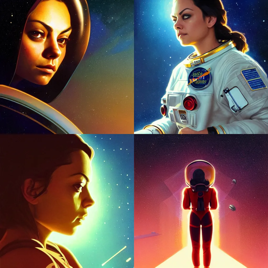 Prompt: a close-up of Mila Kunis as an astronaut, dramatic backlighting, stars, golden hour, kodachrome, color contrast, high contrast, highly detailed, sharp focus, digital painting, concept art, illustration, trending on artstation, art by greg rutkowski + greg hildebrandt + alphonse mucha