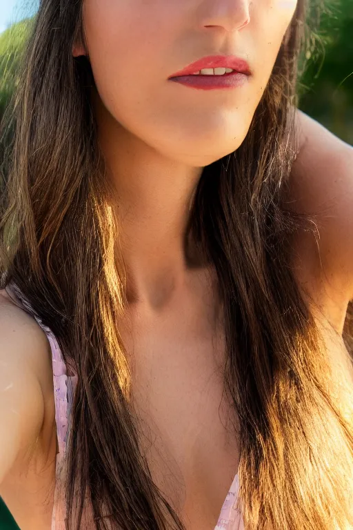 Image similar to olive skinned female model in her thirties, wearing sundress, focused on neck, photo realistic, extreme detail skin, natural beauty, joyful, no filter, slr, golden hour, 4 k, high definition, selfie