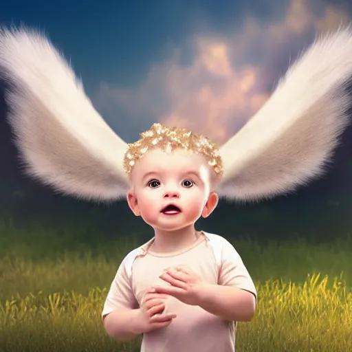 Prompt: a cute little angel baby with long fur, portrait, pixar style, extremely realistic photo, heaven background, cinematic lighting, award winning creature portrait photography