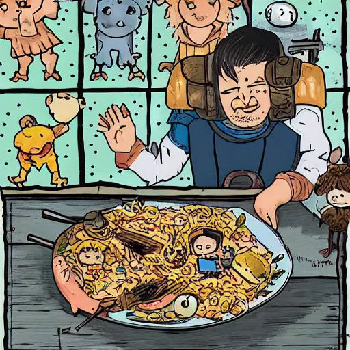 Prompt: a cyberpunk peasant eating valencian paella surrounded by adorable aliens and creepy otters on a football pitch