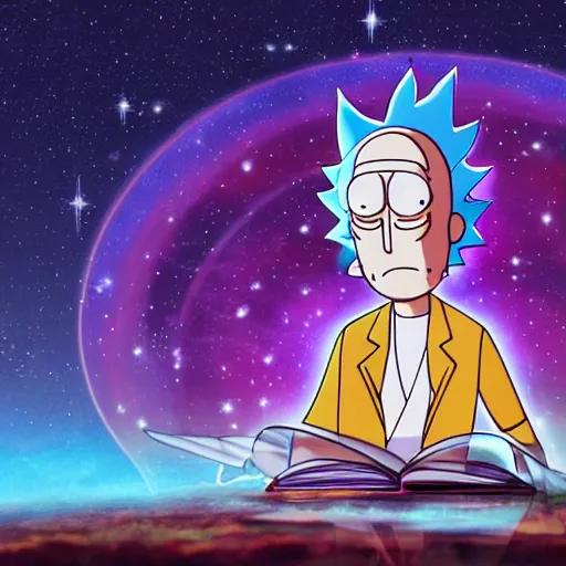 Image similar to The Sapiential sage dreaming with magical reflections of knowledge lost in time ultra high quality in the style of Rick and Morty