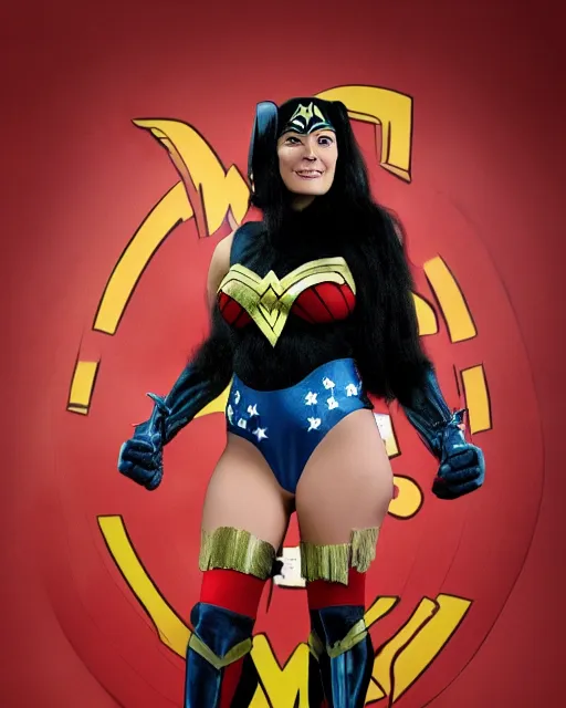 Image similar to photos of a Chimpanzee dressed as Wonder Woman. A chimpanzee wearing Wonder Woman’s outfit, Photography in the style of National Geographic, photorealistic
