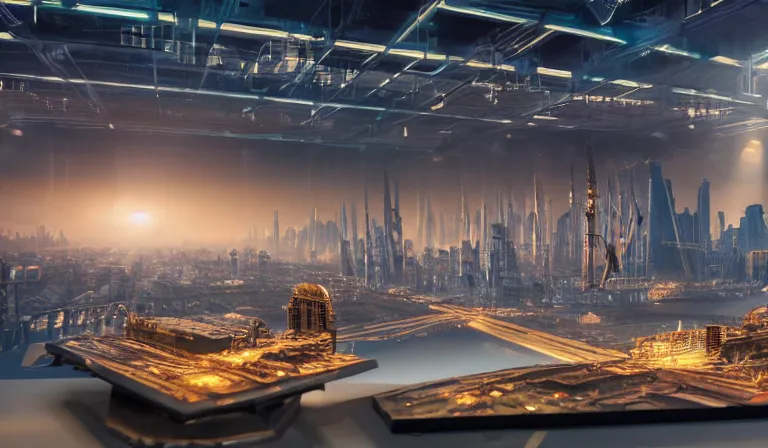 Image similar to group of people in humble warehouse, looking at hologram of futuristic city on a table, cinematic concept art, godrays, golden hour, natural sunlight, 4 k, clear details, tabletop model buildings, center model buildings, hologram center, crane shot, crane shot, crane shot