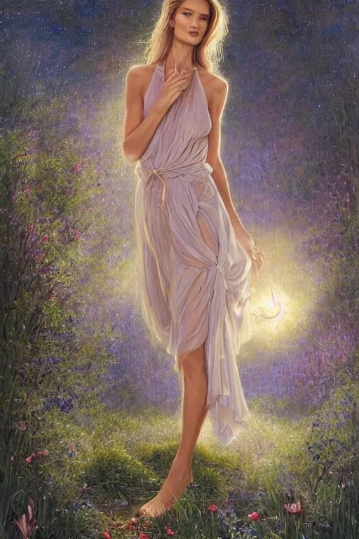 Image similar to Rosie Huntington-Whiteley,big watery eyed, looking at the viewer, sundown misty firefly wisps,double split halter open thigh leaf dress; in the style of Lilia Alvarado, Sophie Anderson, Mark Arian, Bob Byerley, Charlie Bowater, Mark Brooks, Steve Henderson, Justin Gerard, Arthur Hughes, Edward Robert Hughes, Mark Keathley, Victor Nizovtsev, Carlos Shwabe, Ross Tran, WLOP