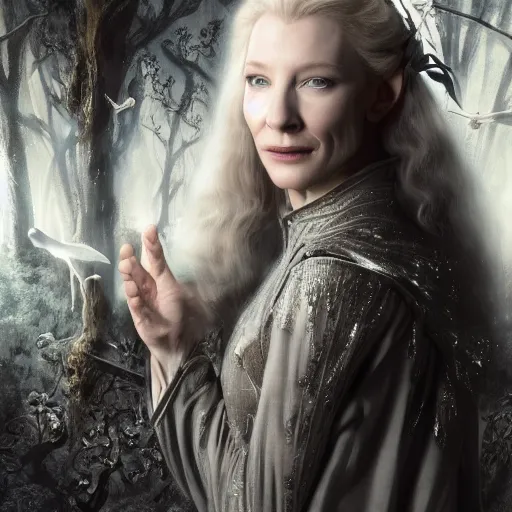 Prompt: portrait of mischievous, dangerous Cate Blanchett's young Galadriel as a queen of elves, dressed in a elegant silvery garment. The background is a dark, chilling eastern europen forrest. night, horroristic shadows, higher contrasts, (((lumnious))), theatrical, character concept art by ruan jia, thomas kinkade, and J.Dickenson, trending on Artstation