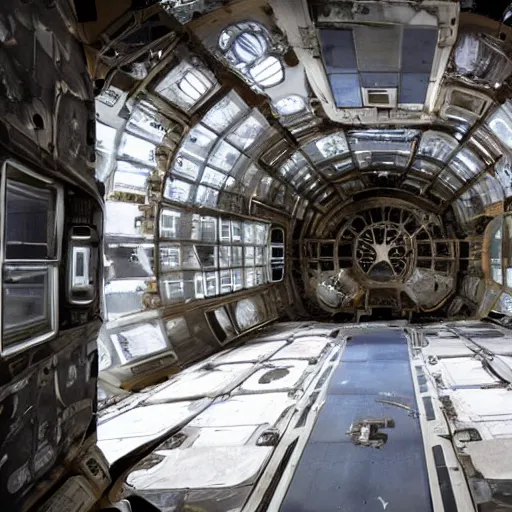 Prompt: the interior of an abandoned space station with windows into space