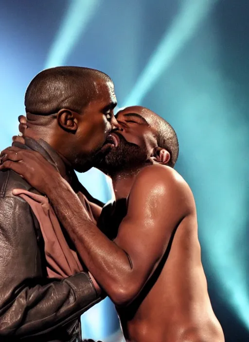 Prompt: a photograph of Kanye West passionately making out with Kanye West