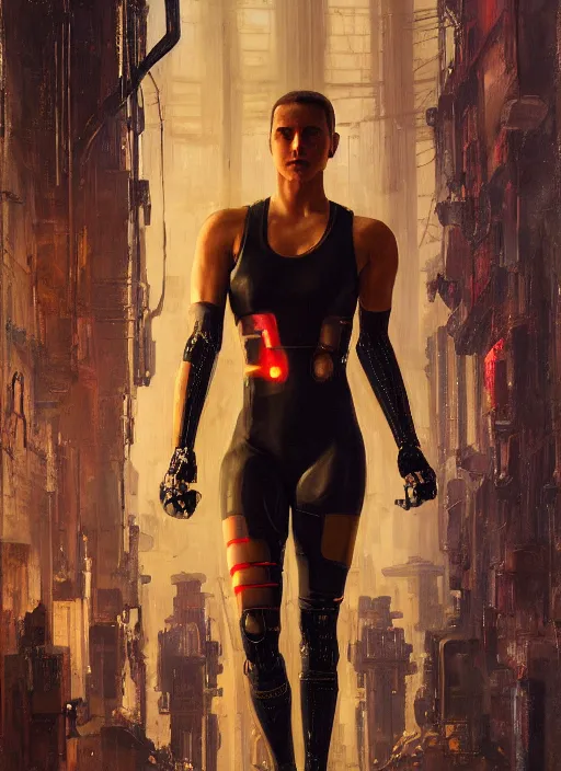 Image similar to cyberpunk olympic weightlifter in jumpsuit with robotic arms ( blade runner 2 0 4 9, cyberpunk 2 0 7 7 ). orientalist portrait by john william waterhouse and james gurney and theodore ralli and nasreddine dinet, oil on canvas. cinematic, hyper realism, realistic proportions, dramatic lighting, high detail 4 k