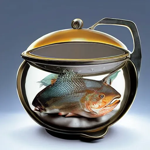 Prompt: a fish on the top of a pile of fish, inside a cooking pot, side view, by vladimir kush, dystopian aer, rococo