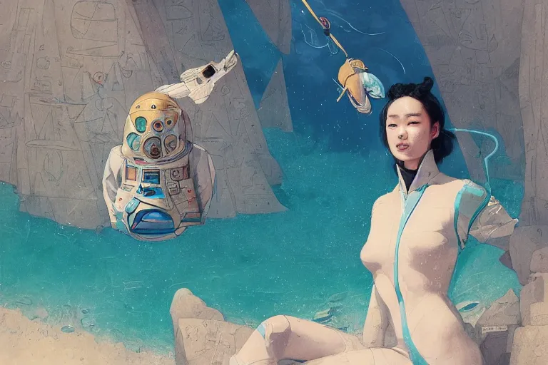 Image similar to lee jin - eun in astronaut dress emerging from turquoise water in egyptian pyramid by peter mohrbacher, android james, conrad roset, m. k. kaluta, martine johanna, rule of thirds, elegant look, beautiful, luxurious