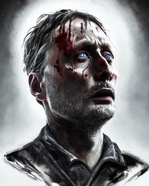 Image similar to mads mikkelson as clifford unger from death stranding wearing military fatigues, weeping tears of tar, mysterious portrait, cinematic lighting, black background, digital painting photoshop, ultra detailed hdr 8 k