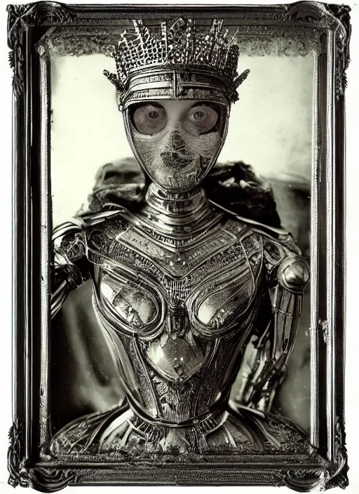 Image similar to old wetplate daguerreotype frame portrait of a futuristic silver armored pretty queen elisabeth emperor district 9 cyborg, fractal, intricate, elegant, highly detailed, subsurface scattering, by jheronimus bosch and greg rutkowski and louis jacques mande daguerre