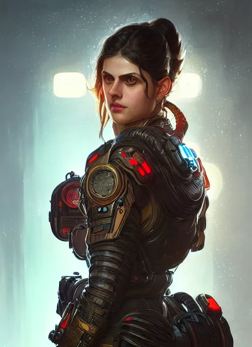 Image similar to portrait of apex legends alexandra daddario, intricate, elegant, glowing lights, highly detailed, digital painting, artstation, glamor pose, concept art, smooth, sharp focus, illustration, art by artgerm and greg rutkowski, artey freytag