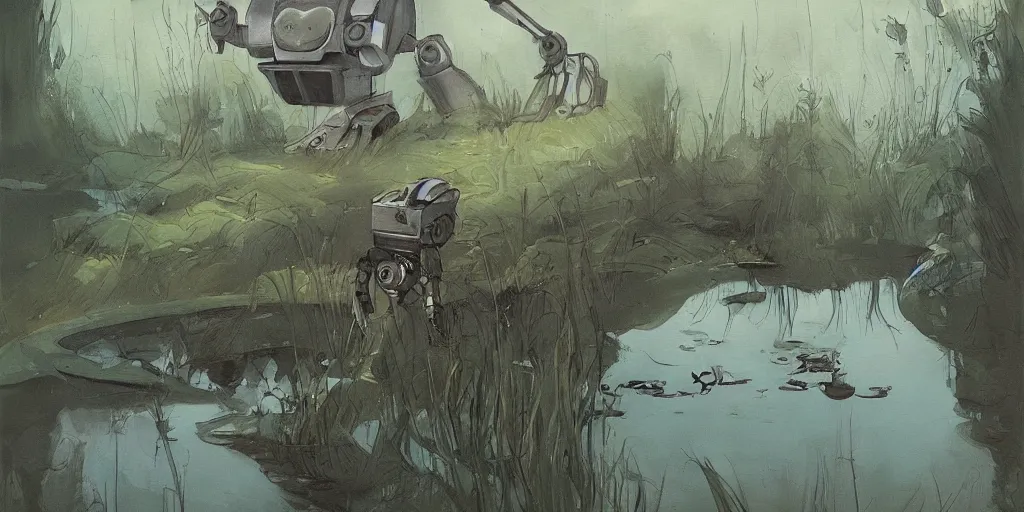 Prompt: a beautiful painting of a robot pond by abigail larson, trending on artstation