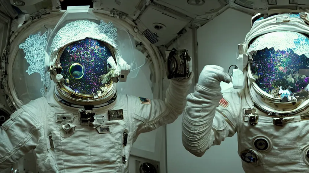 Image similar to a astronaut eva suit covered in diamond 3d fractal lace iridescent bubble 3d skin and covered with insectoid compound eye camera lenses floats through the living room, film still from the movie directed by Denis Villeneuve with art direction by Salvador Dalí, wide lens,