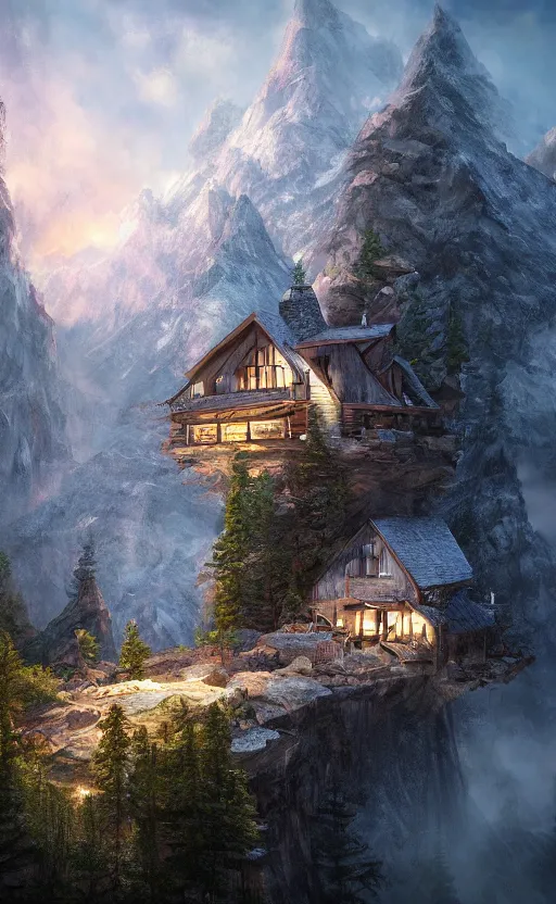 Image similar to cabin high on a mountain, the valley beneath, dynamic lighting, photorealistic fantasy concept art, trending on art station, stunning visuals, creative, cinematic, ultra detailed