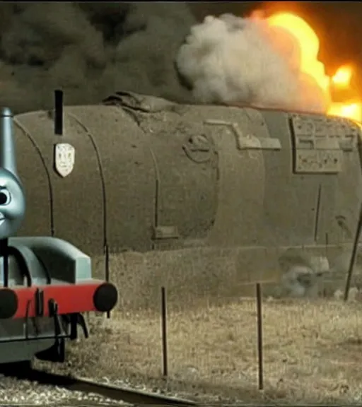 Image similar to thomas the train as a thermonuclear bomb, war footage