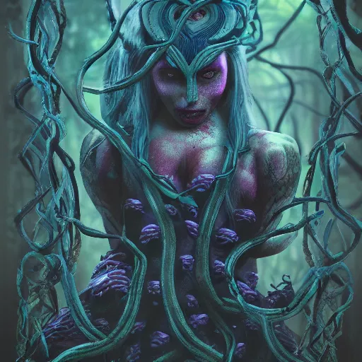 Prompt: dark queen of snakes, crown of vines, blue skin, realism, dark fantasy, surrounded by snakes in a twisted forest, octane render, artstation