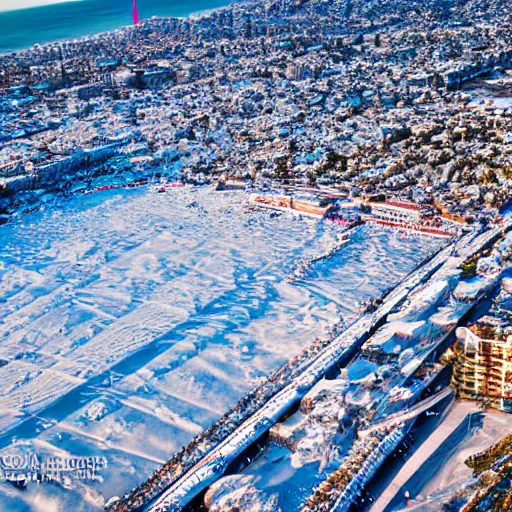 Image similar to santa monica pier covered in snow, aerial photo, sigma 2 4 mm