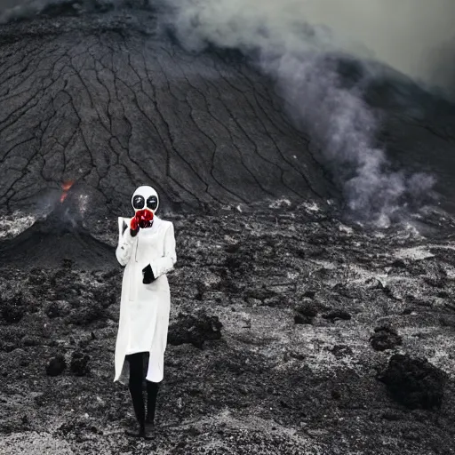 Image similar to woman with white suit, she wear red eyed gasmask, in volcano, standing close to volcano, fire raining, professional photography, black and white, cinematic, eerie