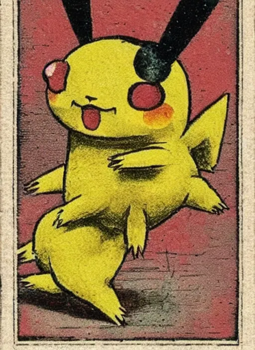 Image similar to creepy pikachu Pokémon card from the 1700s