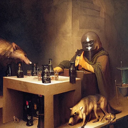 Image similar to young man in orange t - shirt hides his face behind box of guinness beer, two wolves on either of his sides by hieronymus bosch, greg rutkowski, anna podedworna