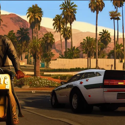 Prompt: Eddie Murphy in GTA V. Los Santos in the background, palm trees. In the art style of Stephen Bliss