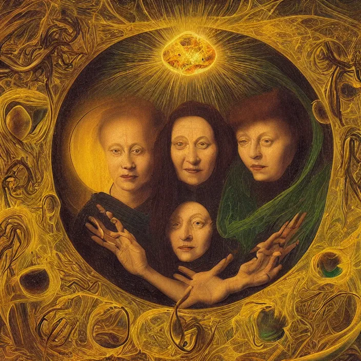 Image similar to a closeup portrait of a three - headed horned women, floating in huge levitating luminescent orb, in an eel nebula, golden hour, by jan van eyck