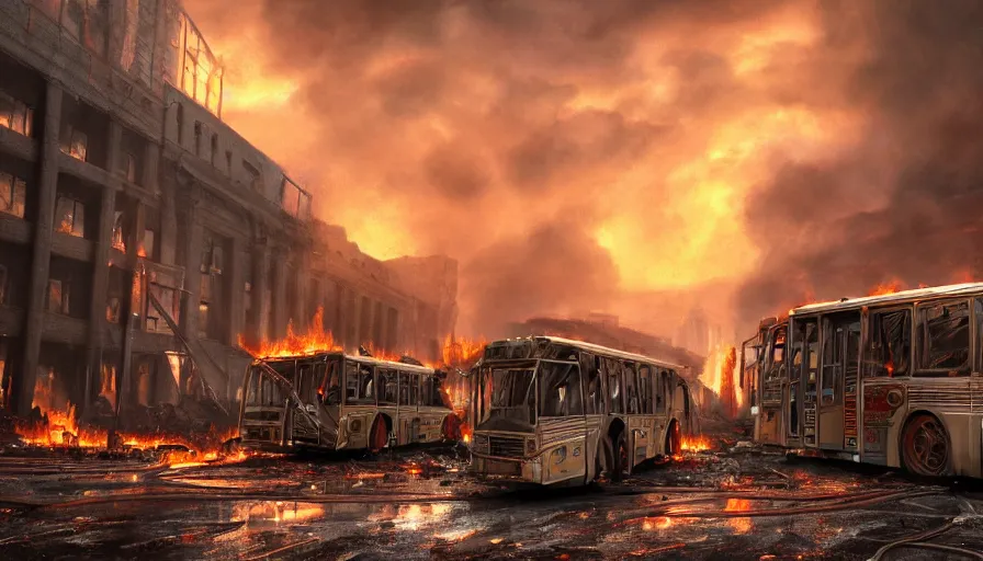 Image similar to A detailed render of a post apocalyptic scene of Fire and explosions on the 3rd precinct, burned down city buses on fire, sci-fi concept art, lots of fire, panic, dark, clouds, 8k, high detail, advanced rendering whimsically designed art, 4k post-processing highly detailed, Soft illumination