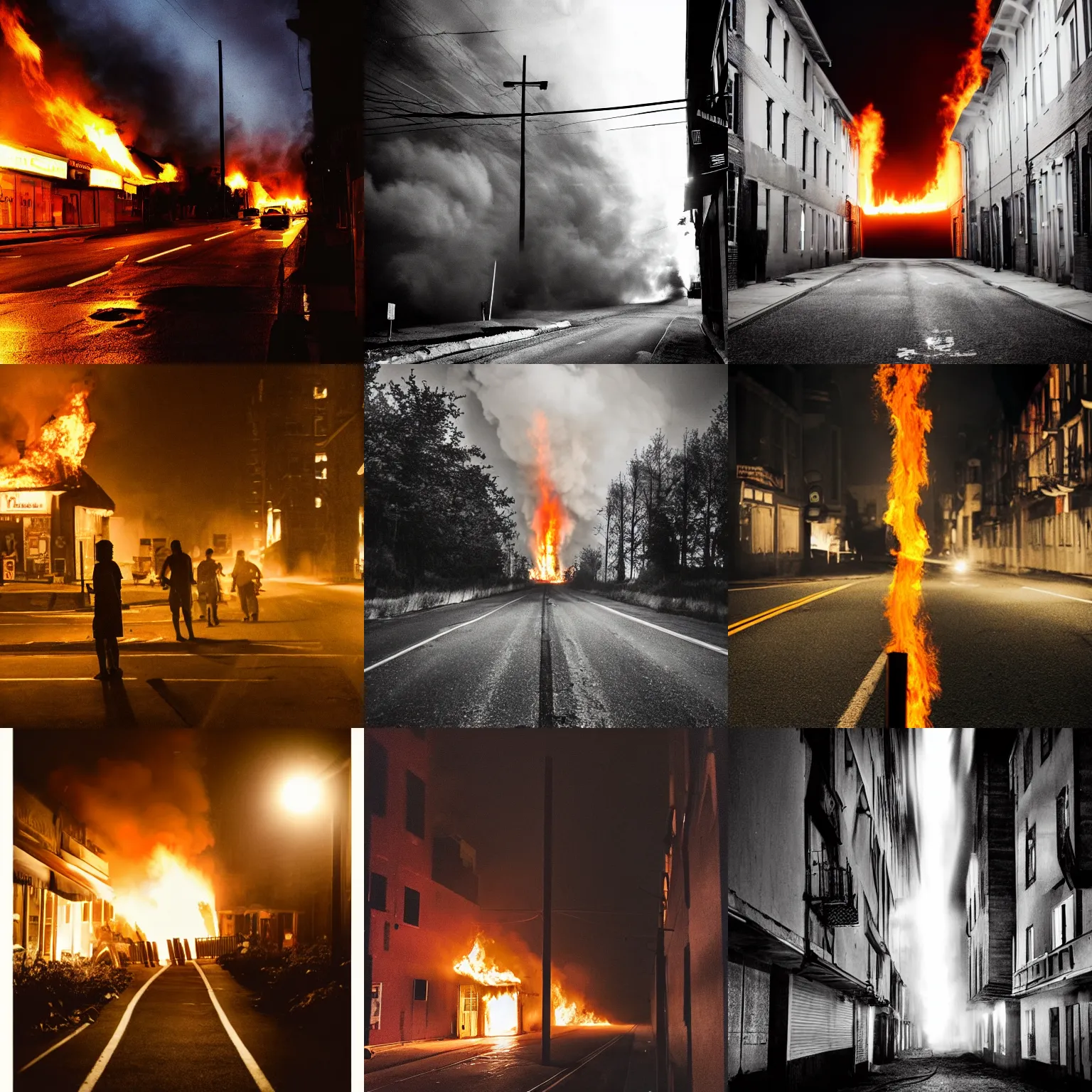 Prompt: a tall fire is folathing in a dark street, award winning photo