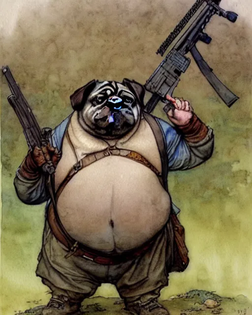 Image similar to a realistic and atmospheric watercolour fantasy character concept art portrait of a fat adorable dirty chibi pug wearing a wife beater and holding a rifle, by rebecca guay, michael kaluta, charles vess and jean moebius giraud