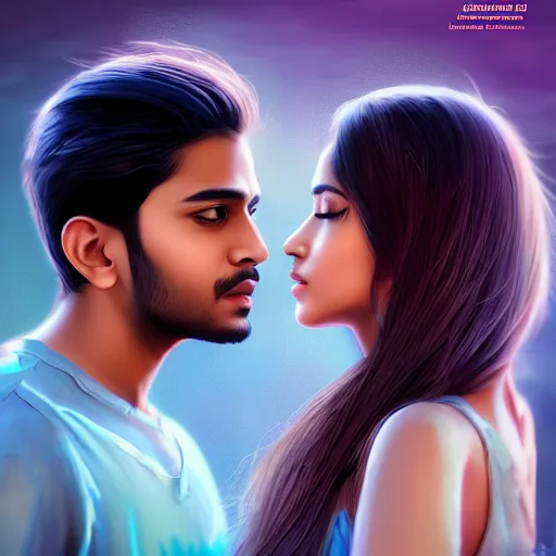 Image similar to theatrical press release ; indian young male and female couple sharing one heart ; stunning digital artwork by artgerm ; cinematic movie pose ; photorealistic, hyperrealistic, dramatic soft rim light ; highly detailed ; face by wlop ; trending on artstation ; cinematography from music video ; symmetrical, high coherence