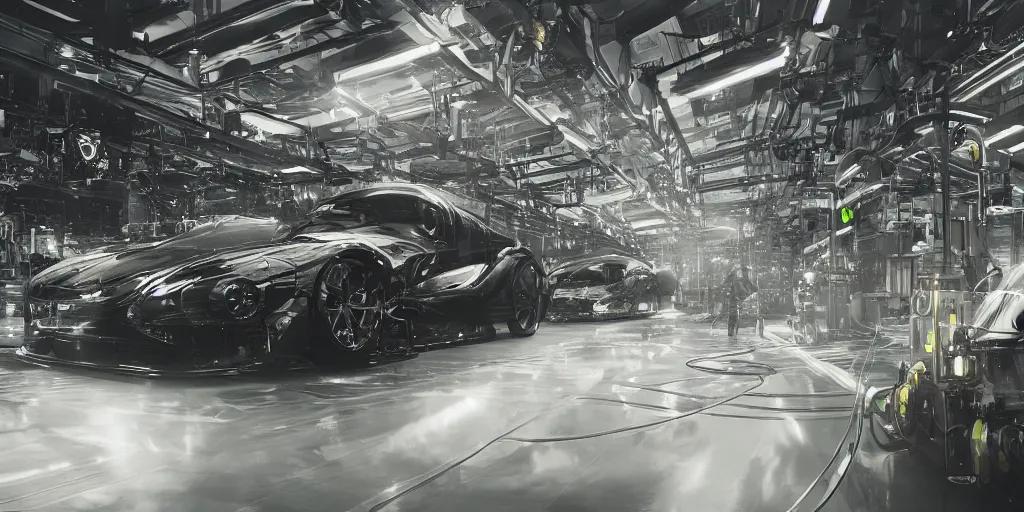 Image similar to carbon fiber automobile production line of hydrogen power energy, science fiction, beautiful, cinematic lighting, intricate details, octane rendering, trending on artstation, featured on behance.