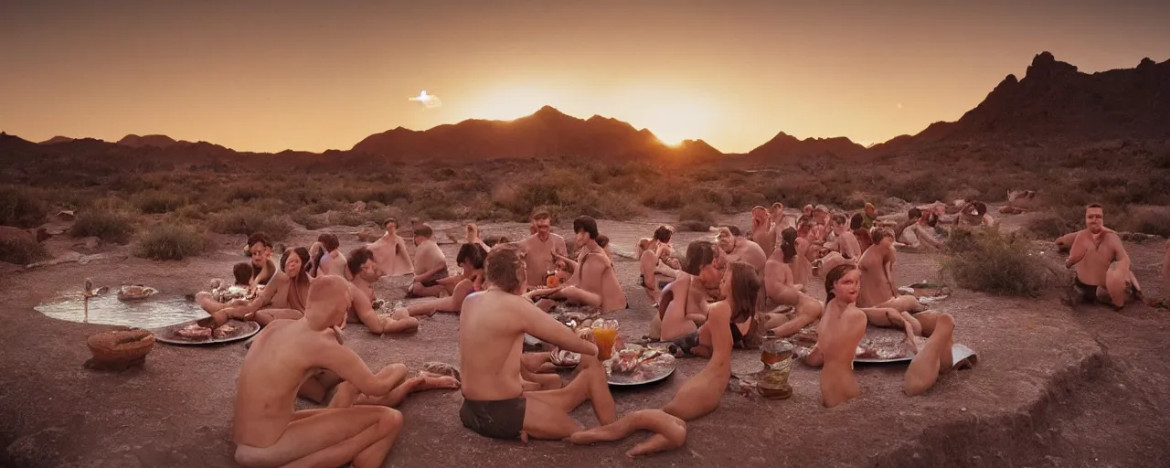 Prompt: people at a natural hot springs of with spaghetti, desert, sunset, kodachrome, in the style of wes anderson