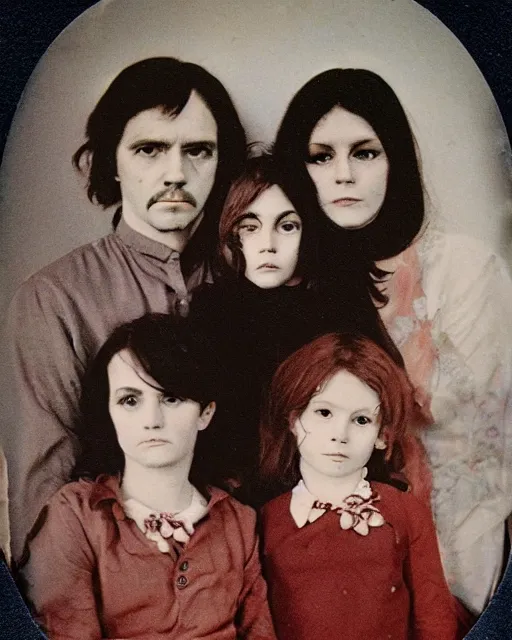 Image similar to an instant photo of a beautiful but sinister family in layers of fear, with haunted eyes and tangled dark hair, 1 9 7 0 s, seventies, delicate embellishments, a little blood, crimson, painterly, offset printing technique, mary jane ansell