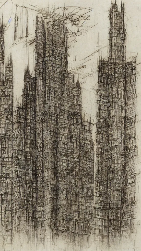 Image similar to architectural design studies of pise tower, schematics, notes, different closeup view, drawn by Leonardo da Vinci, chinese inkpen draw, artistic, intricated details