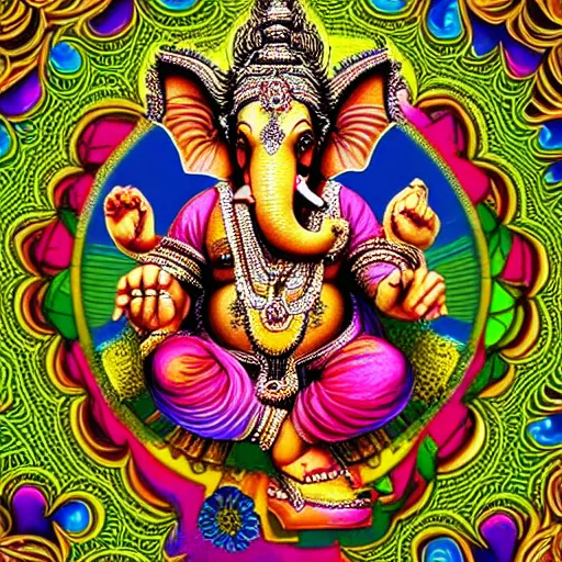 Image similar to hindu god ganesha, dmt trip, psychedelic, fractal patterns, centered, symmetrical, vivid colors, detailed