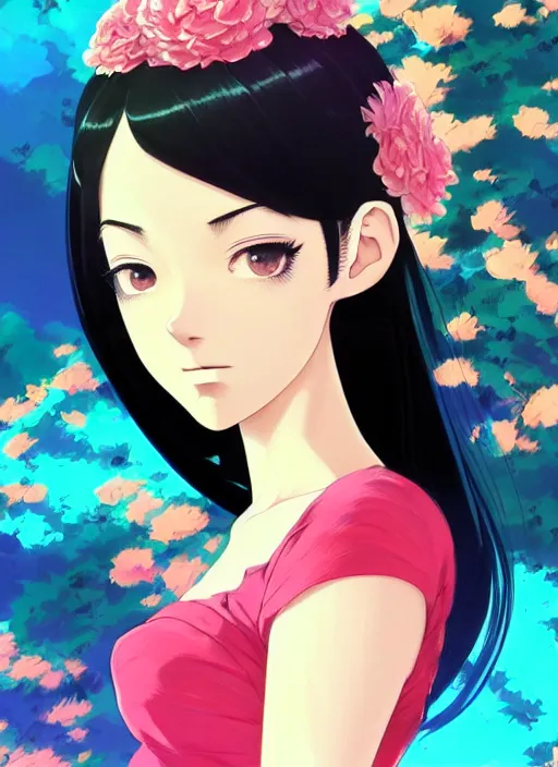 Image similar to a beautiful girl with black hair in 1970's fashion, ballroom background, intricate, highly detailed, digital painting, artstation, official media, anime key visual, concept art, rich vivid colors, ambient lighting, sharp focus, illustration, art by Artgerm, Makoto Shinkai, Ilya Kuvshinov, Lois Van Baarle, and Rossdraws