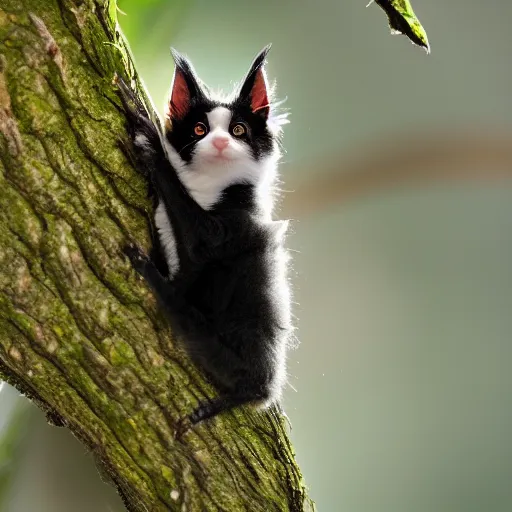 Image similar to a bat kitten, in a tree, Canon EOS R3, telephoto, very detailed, 4k