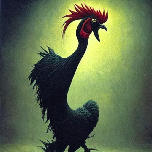 Image similar to big black rooster as a giant monster, creepy!!!, sharp teeth, gory, zdzisław beksinski, keith thompson, terrifying!!!