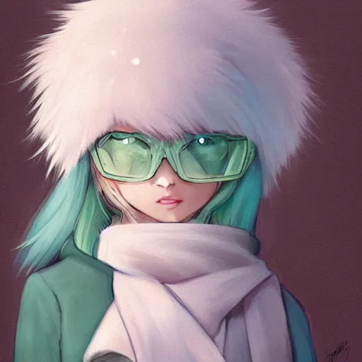 Image similar to aesthetic portrait commission of a albino male furry anthro cute wolf wearing a cute mint colored cozy soft pastel winter outfit, winter Atmosphere. Character design by charlie bowater, ross tran, artgerm, and makoto shinkai, detailed, inked, western comic book art, 2021 award winning painting