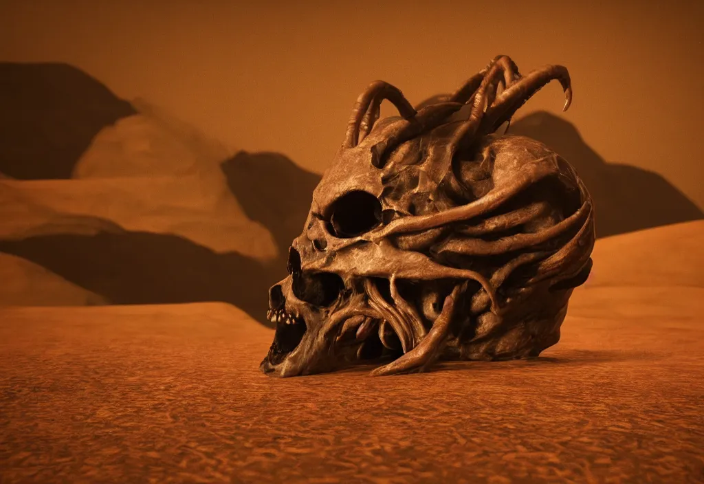 Image similar to eldritch animal alien skull in a dessert in mars, cinematic lighting, octane tender, volumetric light, dark - art