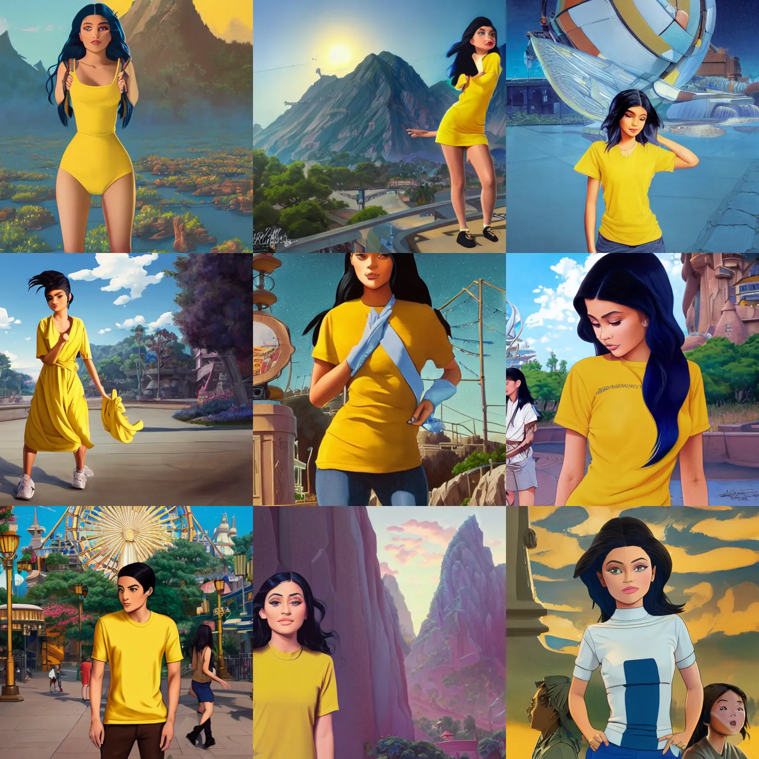 Prompt: full body cartoon render painting of a strikingly gorgeous assiniboine and mandan kylie jenner with blue eyes and long dark brown hair, wearing a modern yellow tshirt, at california adventure, rossdraws, studio ghibli, norman rockwell, emiliano ponzi, epic composition, hd, octane, unreal engine, volumetric lighting, light rays, masterpiece, award - winning