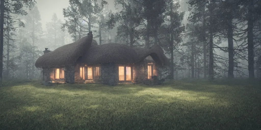 Image similar to a single cottage with a thached roof in the woods and empty woods, 8k, fantasy, realistic, dramatic lighting, cinematic