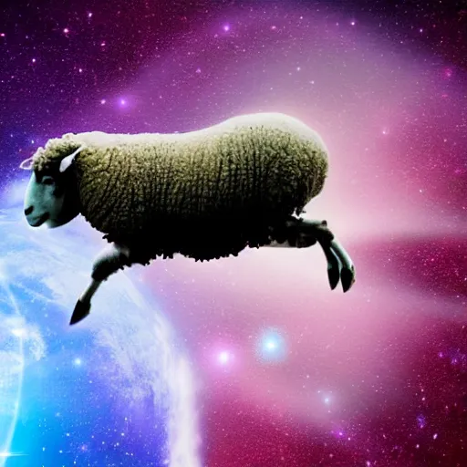 Prompt: a sheep flying through space and time